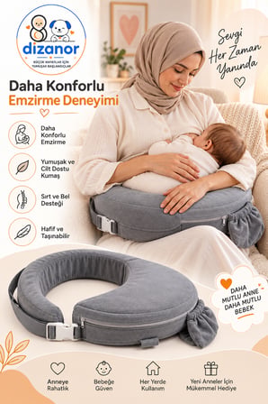 Dizanor Ayarlanabilir Kemerli Çok Amaçlı Emzirme Minderi Fermuarlı Yıkanabilir Kılıf 56x50x11 cm