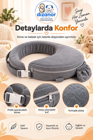 Dizanor Ayarlanabilir Kemerli Çok Amaçlı Emzirme Minderi Fermuarlı Yıkanabilir Kılıf 56x50x11 cm