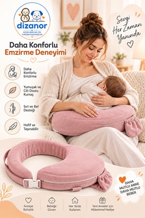 Dizanor Ayarlanabilir Kemerli Çok Amaçlı Emzirme Minderi Fermuarlı Yıkanabilir Kılıf 56x50x11 cm
