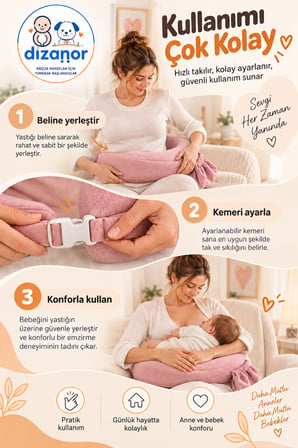 Dizanor Ayarlanabilir Kemerli Çok Amaçlı Emzirme Minderi Fermuarlı Yıkanabilir Kılıf 56x50x11 cm