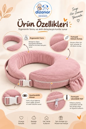 Dizanor Ayarlanabilir Kemerli Çok Amaçlı Emzirme Minderi Fermuarlı Yıkanabilir Kılıf 56x50x11 cm