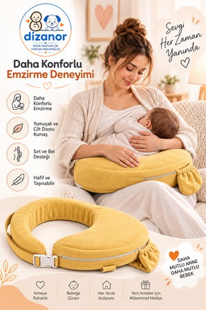 Dizanor Ayarlanabilir Kemerli Çok Amaçlı Emzirme Minderi Fermuarlı Yıkanabilir Kılıf 56x50x11 cm