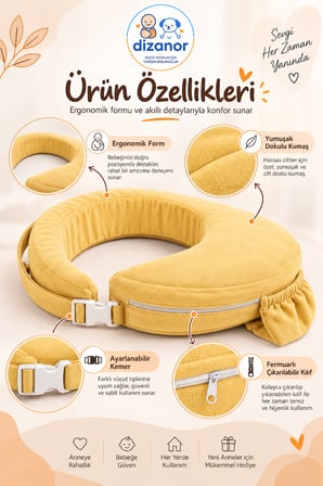 Dizanor Ayarlanabilir Kemerli Çok Amaçlı Emzirme Minderi Fermuarlı Yıkanabilir Kılıf 56x50x11 cm