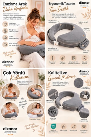 Dizanor Ayarlanabilir Kemerli Çok Amaçlı Emzirme Minderi Fermuarlı Yıkanabilir Kılıf 56x50x11 cm