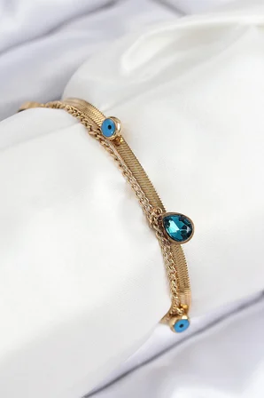 316L Çelik Nazar Boncuk Detaylı Mavi Zirkon Taşlı Model İtalyan Zincir Gold Renk Kadın Bileklik TJ-BB7828