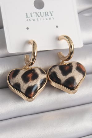 Pirinç Gold Renk 3D Kalp Leopar Model Kadın Küpe TJ-BKP9876