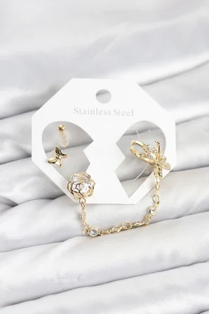 Pirinç Gold Renk Kelebekli Model Zincir Bağlantılı Ear Cuff Küpe Seti TJ-BKP11543