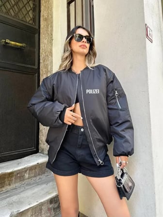 Modi Green Unisex Uzun Kol Baskılı Bomber Ceket - Siyah