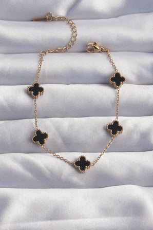 316L Çelik Baby Boy Gold Renk Siyah Mineli Yonca Bileklik - TJ-BB6276