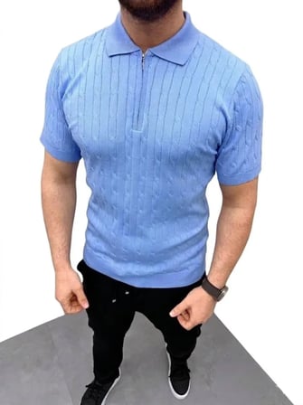 Modi Green Erkek Yazlık Triko Saç Örgü Tişört Kısa Kol Polo Yaka Fermuarlı T-Shirt - Bebe Mavisi