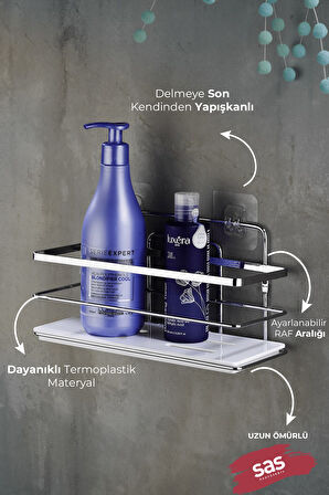 Tekli Ayarlanabilir Banyo Duş Rafı – Paslanmaz Kristal Şampuanlık (Yapıştır/Vidala) Krom-Beyaz