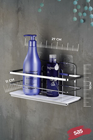 Tekli Ayarlanabilir Banyo Duş Rafı – Paslanmaz Kristal Şampuanlık (Yapıştır/Vidala) Krom-Beyaz