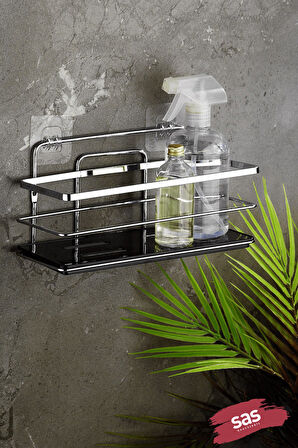 Tekli Ayarlanabilir Banyo Duş Rafı, Paslanmaz Kristal Şampuanlık (Yapıştır/Vidala) Krom-Siyah