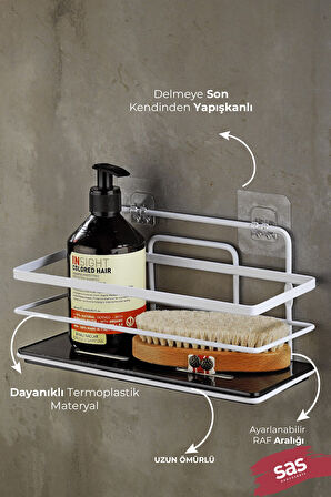 Tekli Ayarlanabilir Banyo Duş Rafı – Paslanmaz Kristal Şampuanlık (Yapıştır/Vidala) Beyaz-Siyah