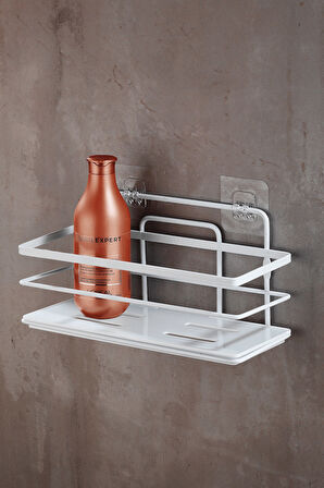 Yapışkanlı Ayarlanabilir Tekli Banyo Duş Rafı – Paslanmaz Kristal Şampuanlık (Yapıştır/Vidala) Beyaz