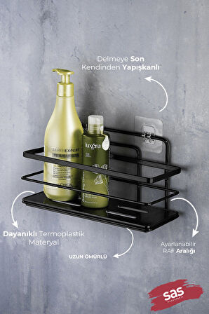Tekli Ayarlanabilir Banyo Duş Rafı – Paslanmaz Kristal Şampuanlık (Yapıştır/Vidala) Siyah