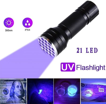 21 LED 395nm Güneş Işığı Eltraviyole UV El Feneri - Siyah Fener - Evcil Hayvan Otel Ev Temizlik Para Taş Mücevherat