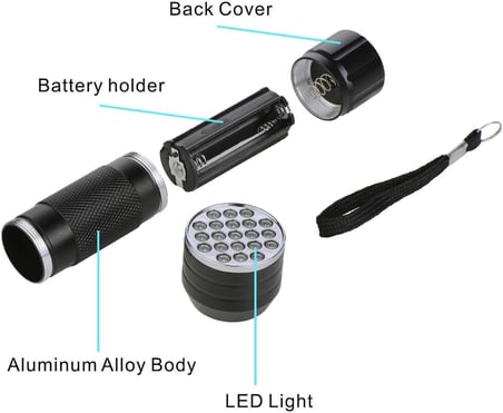 21 LED 395nm Güneş Işığı Eltraviyole UV El Feneri - Siyah Fener - Evcil Hayvan Otel Ev Temizlik Para Taş Mücevherat