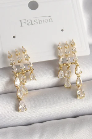 Pirinç Gold Renk Zirkon Taşlı Yağmur Model Kadın Küpe TJ-BKP9935