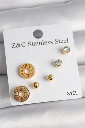 316L Çelik Gold Renk Zirkon Taşı Labirent Model Kadın Küpe Seti - TJ-BKP10011