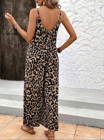 Kadın Ip Askılı Yuvarlak Yakalı Cep Detaylı Salaş Süprem Uzun Tulum - Leopar / L-XL