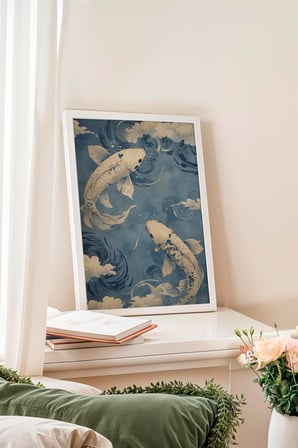 Zestia Beyaz Çerçeveli Tablo, Koi Balıkları, Japon Dalgalar Arasında, Mavi Tonlar Poster No: 107505 30 x 40