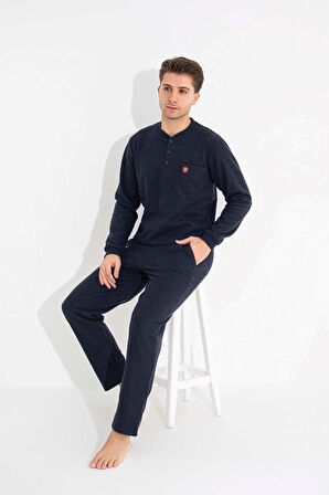 Guava Erkek 3 Düğme Göğüs Cepli Kışlık Pamuklu Selanik Kumaş Uzun Manşetli Kol Cepli Pijama Takımı 