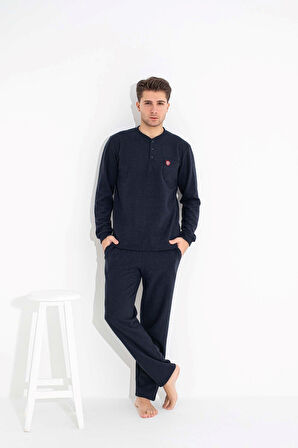Guava Erkek 3 Düğme Göğüs Cepli Kışlık Pamuklu Selanik Kumaş Uzun Manşetli Kol Cepli Pijama Takımı 