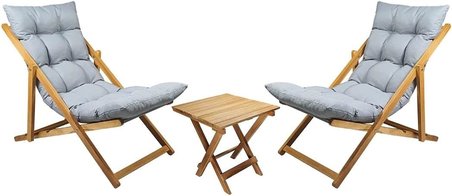 AHŞAP KATLANABİLİR TAŞINIR PUF MİNDERLİ ŞEZLONG. PLAJ, BAHÇE, TERAS, BALKON İÇİN 3 LÜ SET (GRİ)
