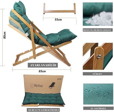 AHŞAP KATLANABİLİR TAŞINIR PUF MİNDERLİ ŞEZLONG. PLAJ, BAHÇE, TERAS, BALKON İÇİN 3 LÜ SET (GRİ)