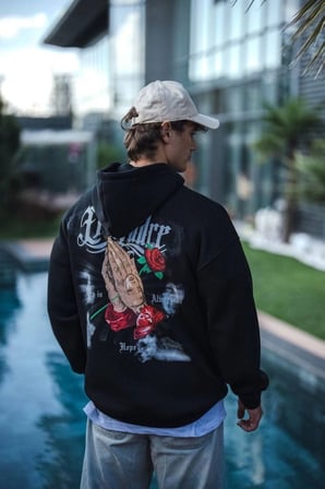 Modi Green Üç İplik Penye Kapşonlu Baskılı SweatShirt - Siyah