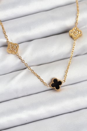 316L Çelik Zincir Gold Renk Siyah ve Zirkon Taşlı Baby Boy Yonca Kadın Kolye TJ-BKO10592