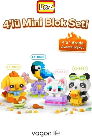 Loz Micro Block 4'lü Hayvan Figürü Seti 4 Farklı Model Dekoratif Oyuncak Yapım Seti Yapı Blok Seti