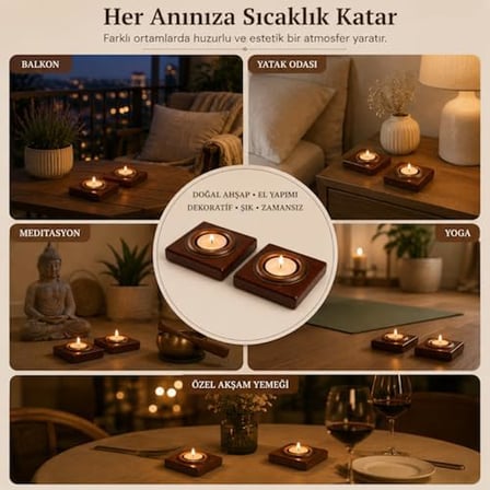 BFASTORE El Yapımı Ahşap Tealight Mumluk Seti, Dekoratif Tasarım, 2 Adet, 9x7x1,5 cm, Renk Seçenekli (Koyu Maun Mumluk + Antik Renkli Hazne)