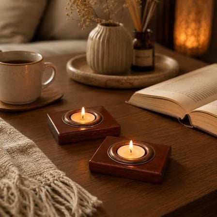 BFASTORE El Yapımı Ahşap Tealight Mumluk Seti, Dekoratif Tasarım, 2 Adet, 9x7x1,5 cm, Renk Seçenekli (Koyu Maun Mumluk + Antik Renkli Hazne)