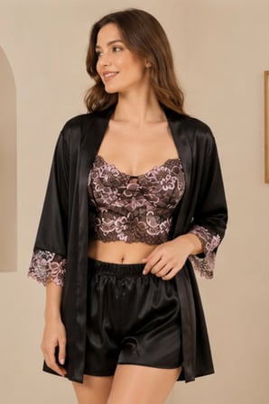 Loule Kadın Siyah Saten Sabahlıklı Şortlu 3'lü Pijama Takımı – Ev Giyim