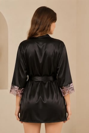 Loule Kadın Siyah Saten Sabahlıklı Şortlu 3'lü Pijama Takımı – Ev Giyim
