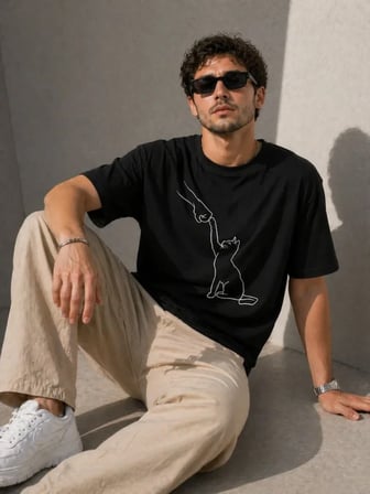 Modi Green Erkek Minimal Kedi Çizim Baskılı Tişört Kısa Kol Yazlık T-Shirt - Siyah