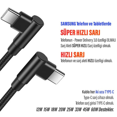 3 Metre TYPE-C Şarj Kablosu HIZLI Şarj Samsung ile Uyumlu Type c to Type C Uzun Kablo