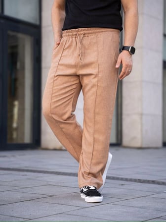 Modi Green Erkek Keten Cepli Çıma Dikişli Jogger Buggy Pantalon Rahat Kalıp - Kahverengi