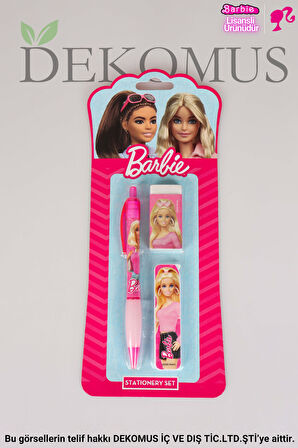 DEKOMUS İLE LİSANSLI BARBIE VERSATİL UÇLU KALEM , SİLGİ VE 0.7 MM UÇ SETİ