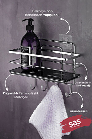 4 Kancalı Ayarlanabilir Banyo Duş Rafı, Paslanmaz Kristal Şampuanlık (Yapıştır/Vidala) Krom-Siyah