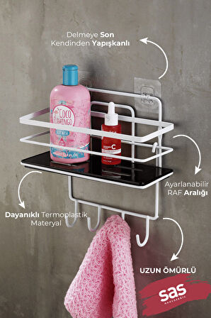 4 Kancalı Ayarlanabilir Banyo Duş Rafı – Paslanmaz Kristal Şampuanlık (Yapıştır/Vidala) Beyaz-Siyah