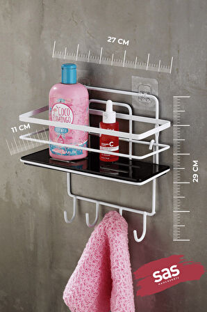 4 Kancalı Ayarlanabilir Banyo Duş Rafı – Paslanmaz Kristal Şampuanlık (Yapıştır/Vidala) Beyaz-Siyah