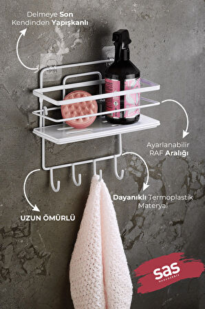 4 Kancalı Ayarlanabilir Banyo Duş Rafı – Paslanmaz Kristal Şampuanlık (Yapıştır/Vidala) Beyaz-Beyaz