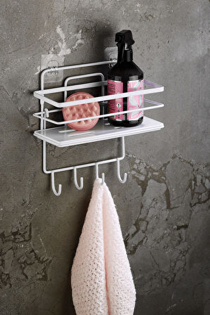 4 Kancalı Ayarlanabilir Banyo Duş Rafı – Paslanmaz Kristal Şampuanlık (Yapıştır/Vidala) Beyaz-Beyaz