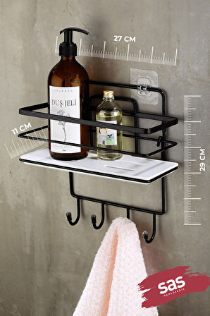 4 Kancalı Ayarlanabilir Banyo Duş Rafı – Paslanmaz Kristal Şampuanlık (Yapıştır/Vidala) Siyah-Beyaz