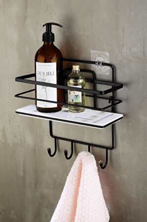 4 Kancalı Ayarlanabilir Banyo Duş Rafı – Paslanmaz Kristal Şampuanlık (Yapıştır/Vidala) Siyah-Beyaz