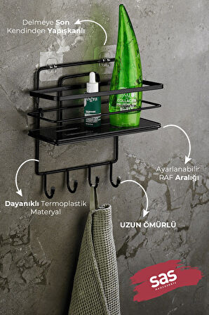 4 Kancalı Ayarlanabilir Banyo Duş Rafı – Paslanmaz Kristal Şampuanlık (Yapıştır/Vidala) Siyah