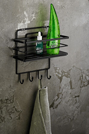 4 Kancalı Ayarlanabilir Banyo Duş Rafı – Paslanmaz Kristal Şampuanlık (Yapıştır/Vidala) Siyah